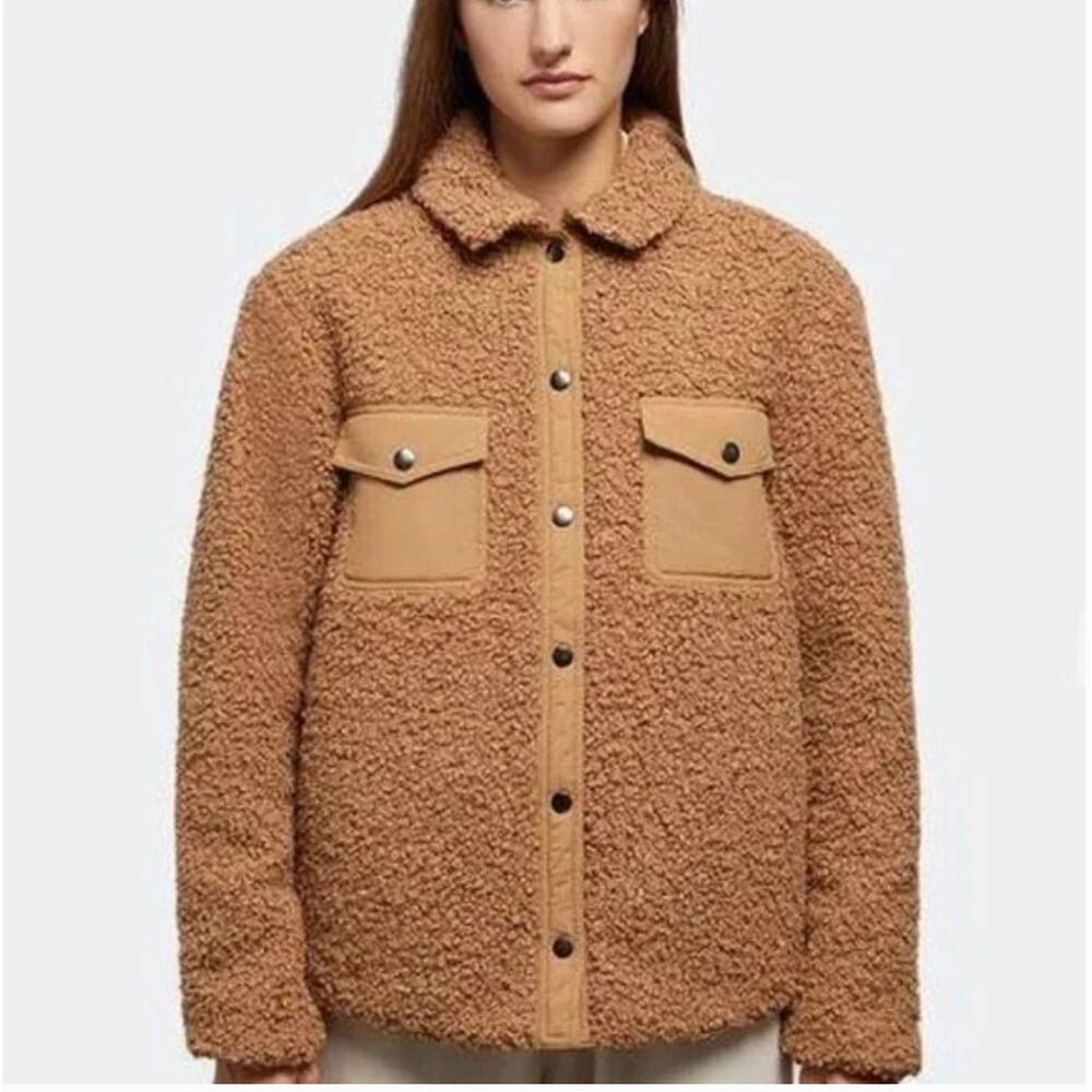 ONIA Tan Brown Teddy Fleece Snap Front‎ Jacket Women's Size Medium Cozy